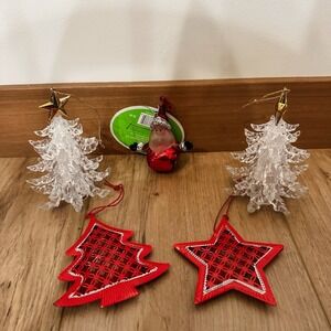 VTG Christmas Ornament Set Of 5‎ Clear Trees Metal Red Star Jingle Bells